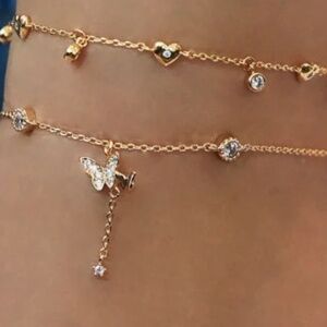 Dainty 2 layered crystal heart butterfly charm anklet set, foot jewelry